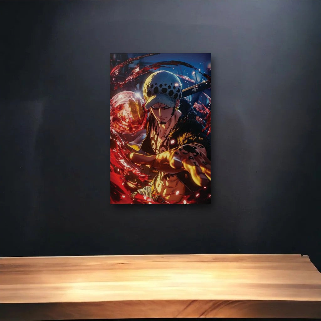 Anime Art glossy acrylic art above a wooden shelf