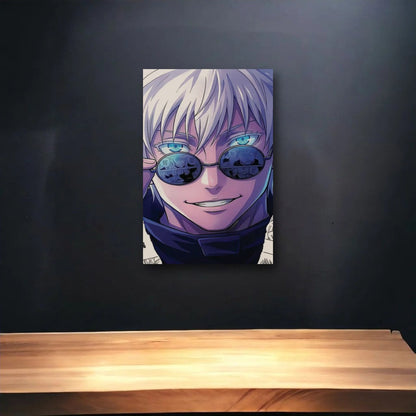 Anime Art glossy acrylic art above a wooden shelf