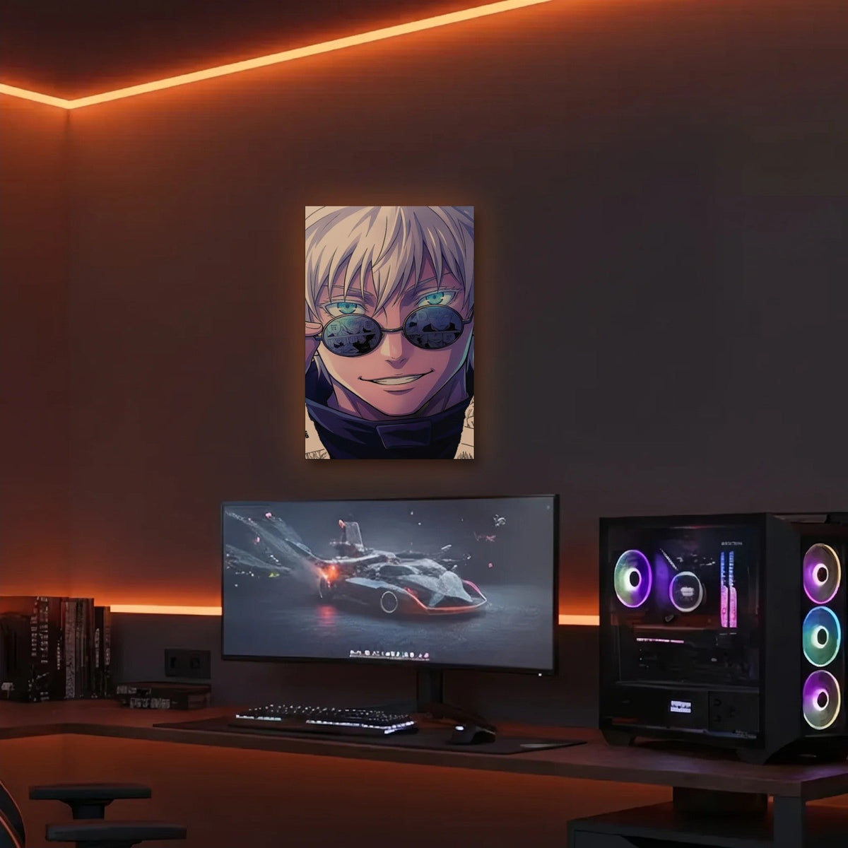 Anime Art acrylic wall art in an orange LED gaming room