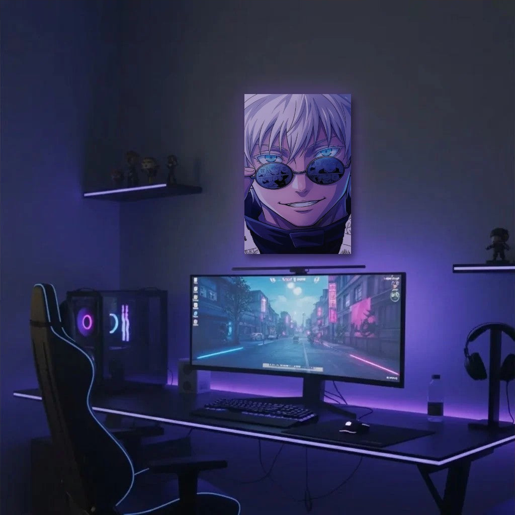 Anime Art acrylic wall art in a purple gaming setup