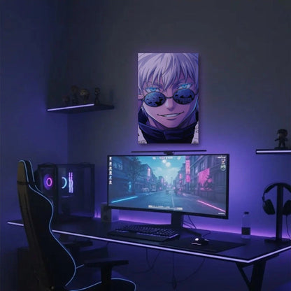 Anime Art acrylic wall art in a purple gaming setup