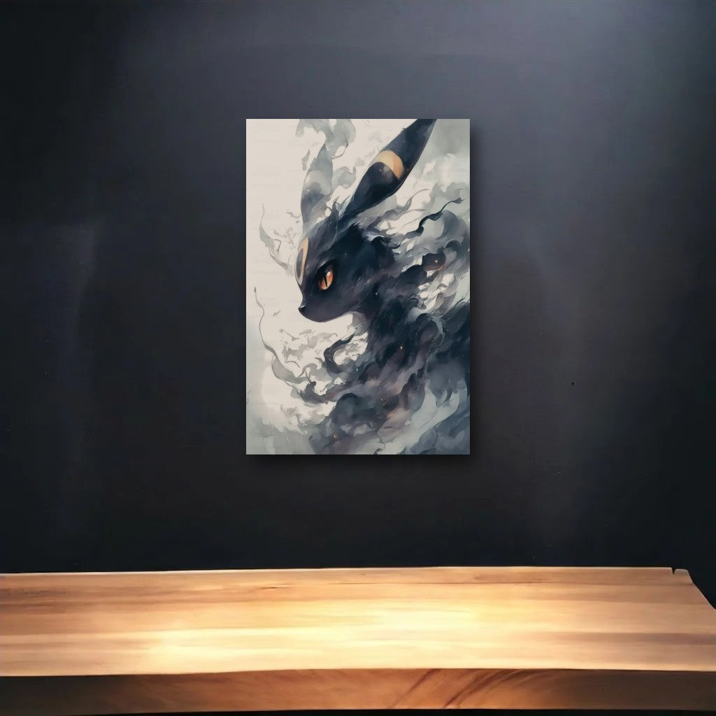 Anime Art glossy acrylic art above a wooden shelf