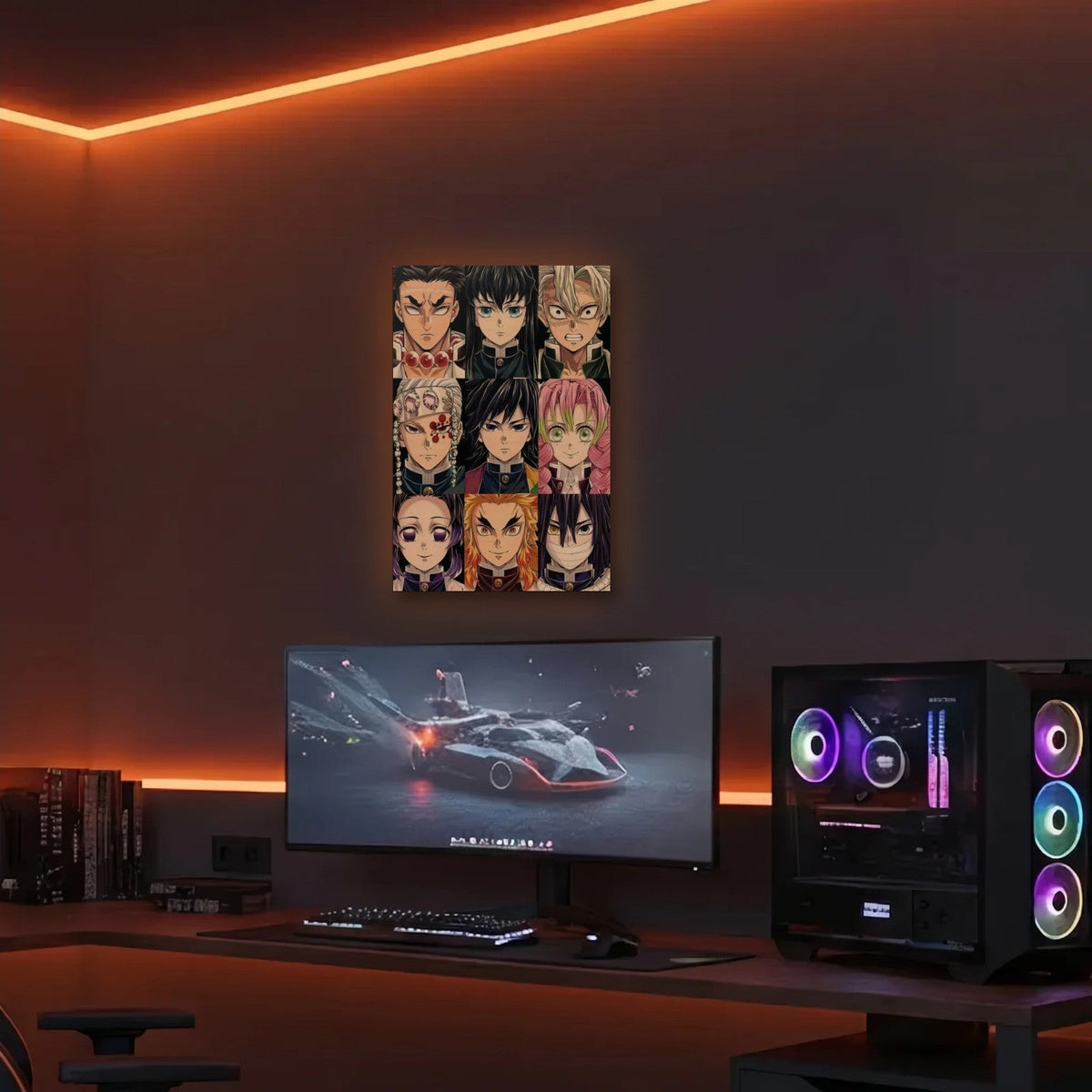 Anime Art acrylic wall art in an orange LED gaming room