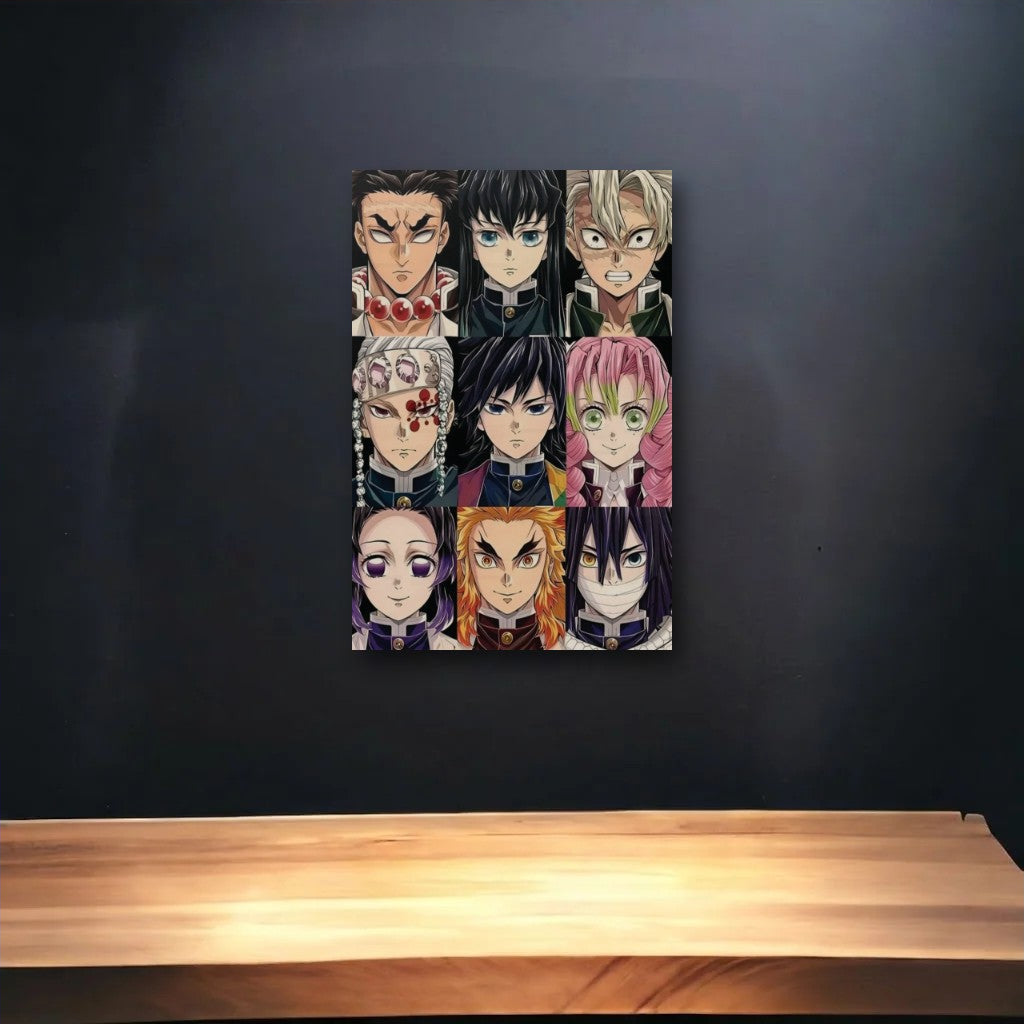 Anime Art glossy acrylic art above a wooden shelf
