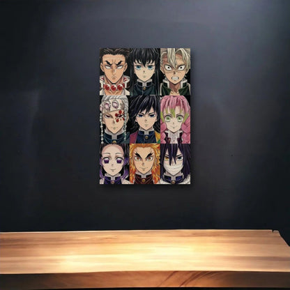 Anime Art glossy acrylic art above a wooden shelf