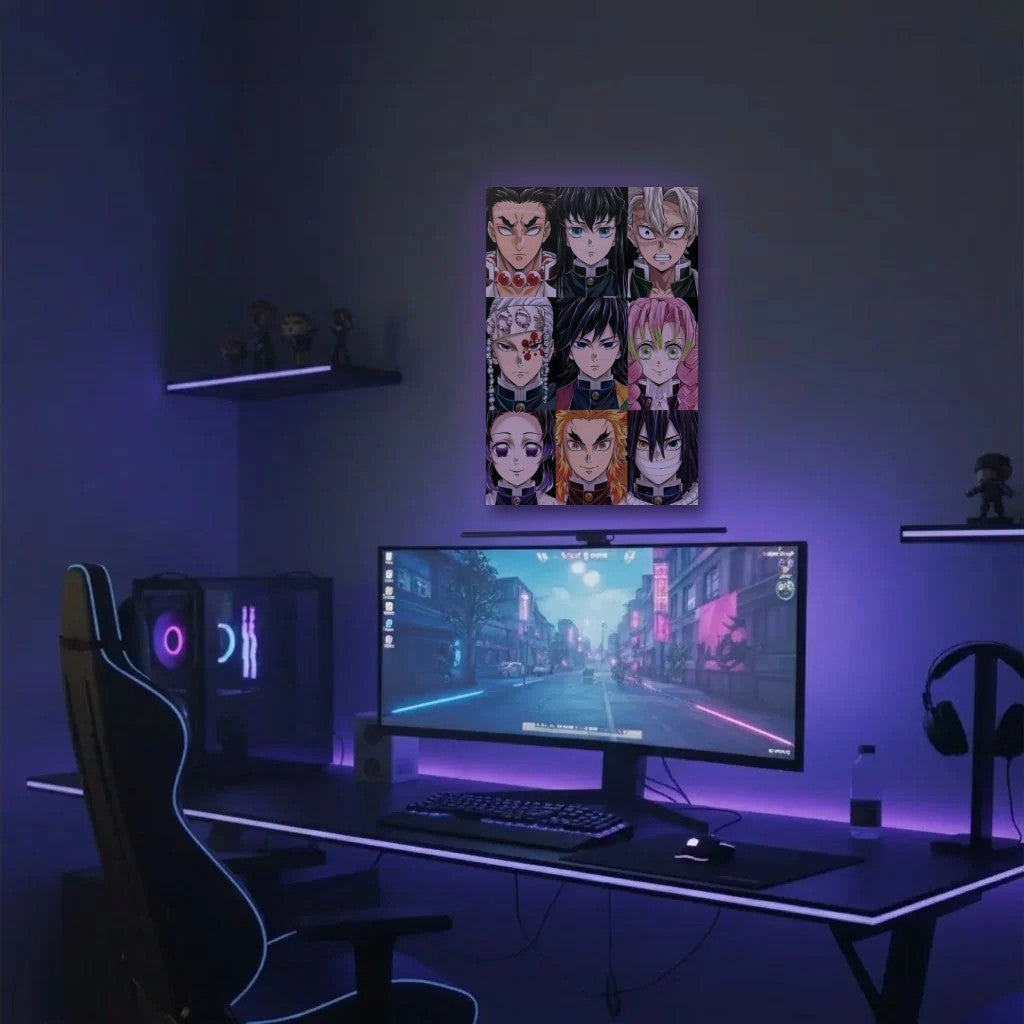 Anime Art acrylic wall art in a purple gaming setup