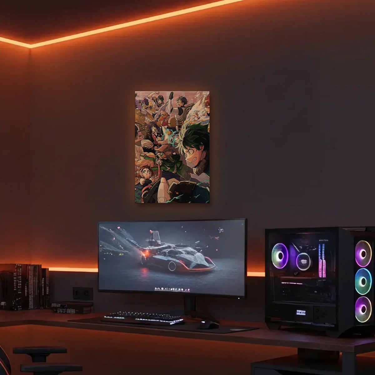 Anime Art acrylic wall art in an orange LED gaming room