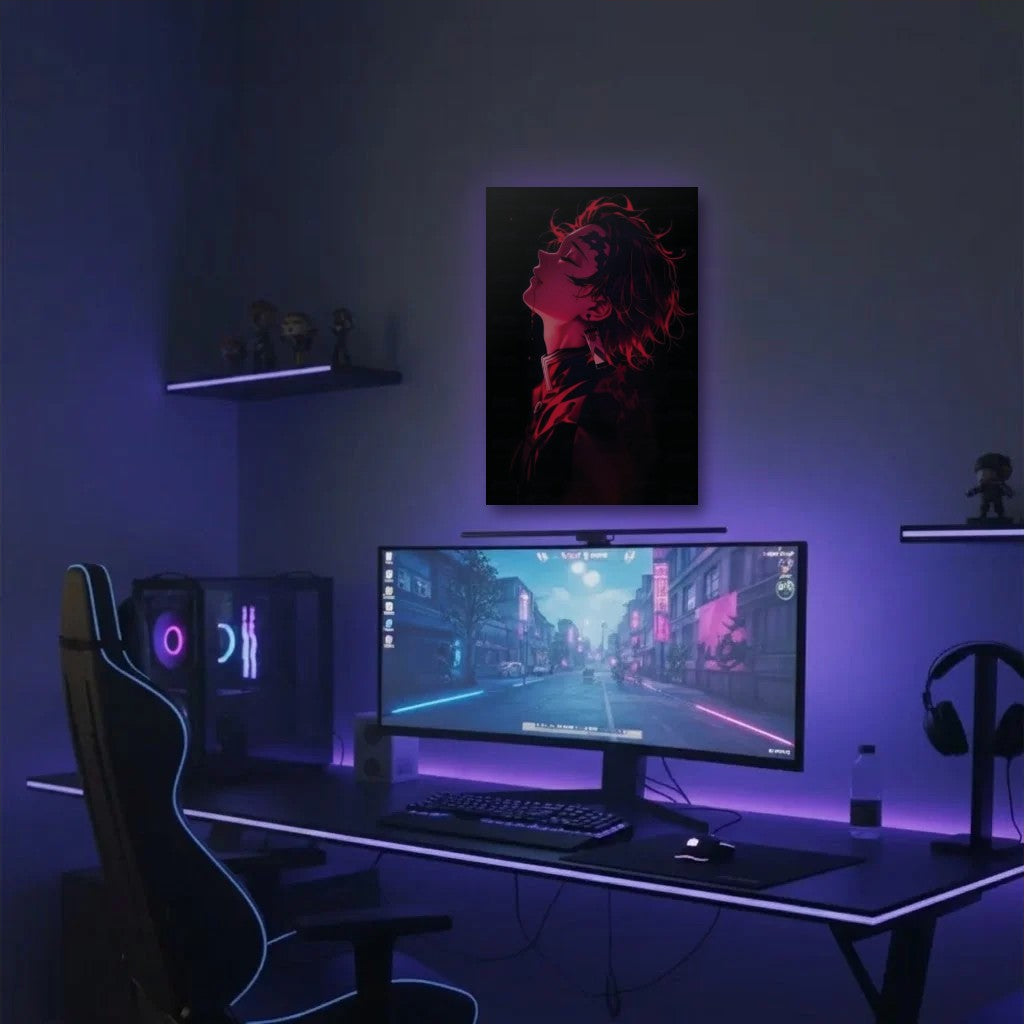 Anime Art acrylic wall art in a purple gaming setup