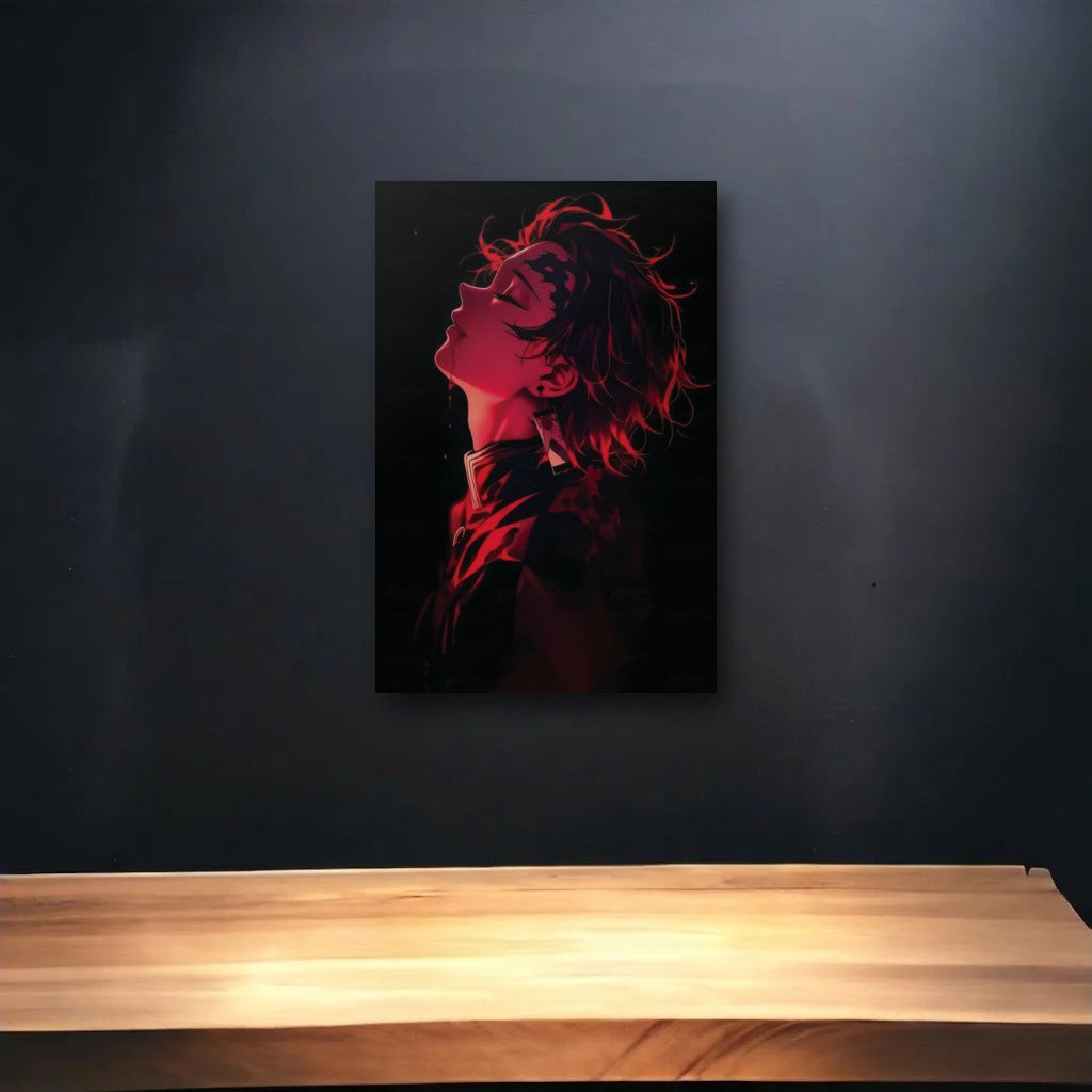 Anime Art glossy acrylic art above a wooden shelf