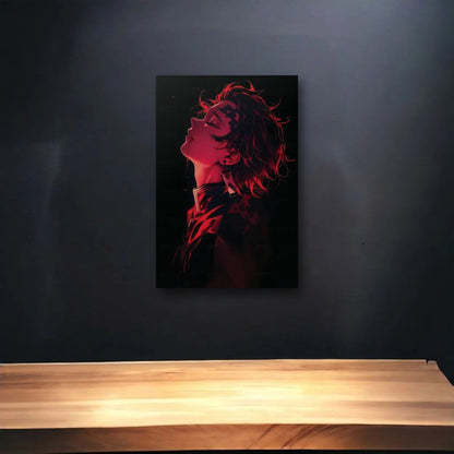 Anime Art glossy acrylic art above a wooden shelf