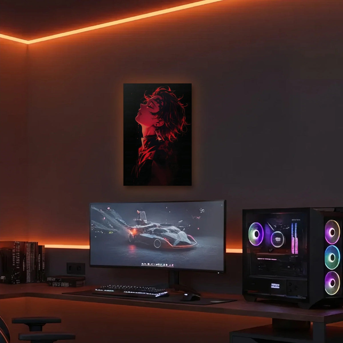 Anime Art acrylic wall art in an orange LED gaming room