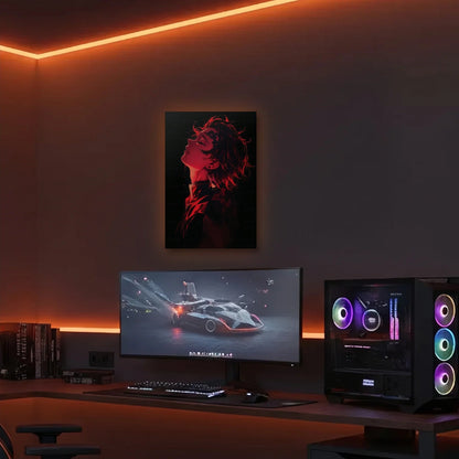Anime Art acrylic wall art in an orange LED gaming room