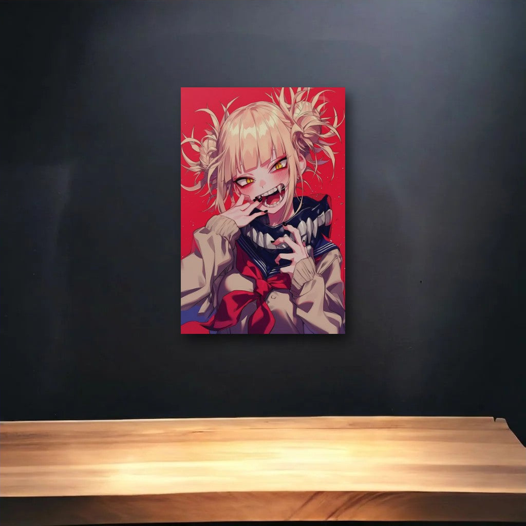 Anime Art glossy acrylic art above a wooden shelf