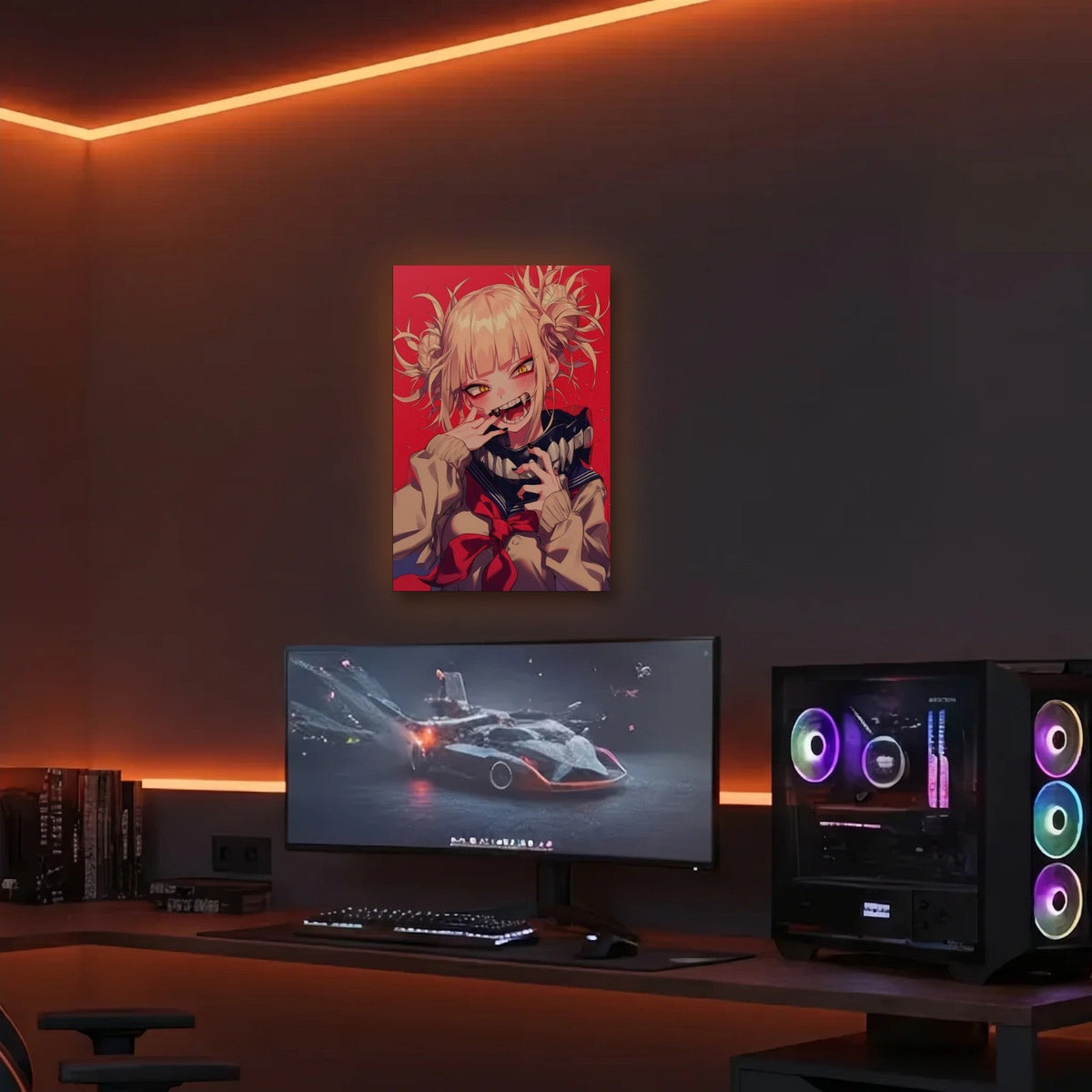Anime Art acrylic wall art in an orange LED gaming room