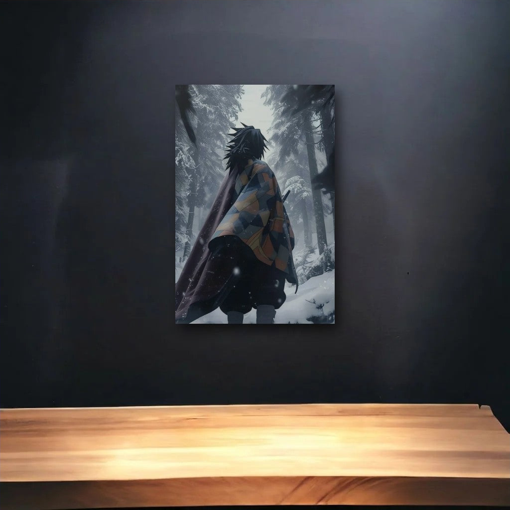 Anime Art glossy acrylic art above a wooden shelf