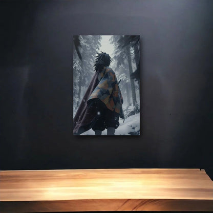 Anime Art glossy acrylic art above a wooden shelf