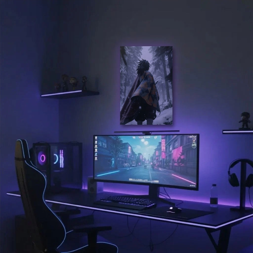 Anime Art acrylic wall art in a purple gaming setup
