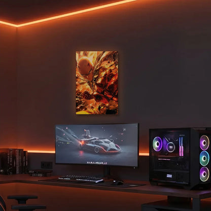 Anime Art acrylic wall art in an orange LED gaming room