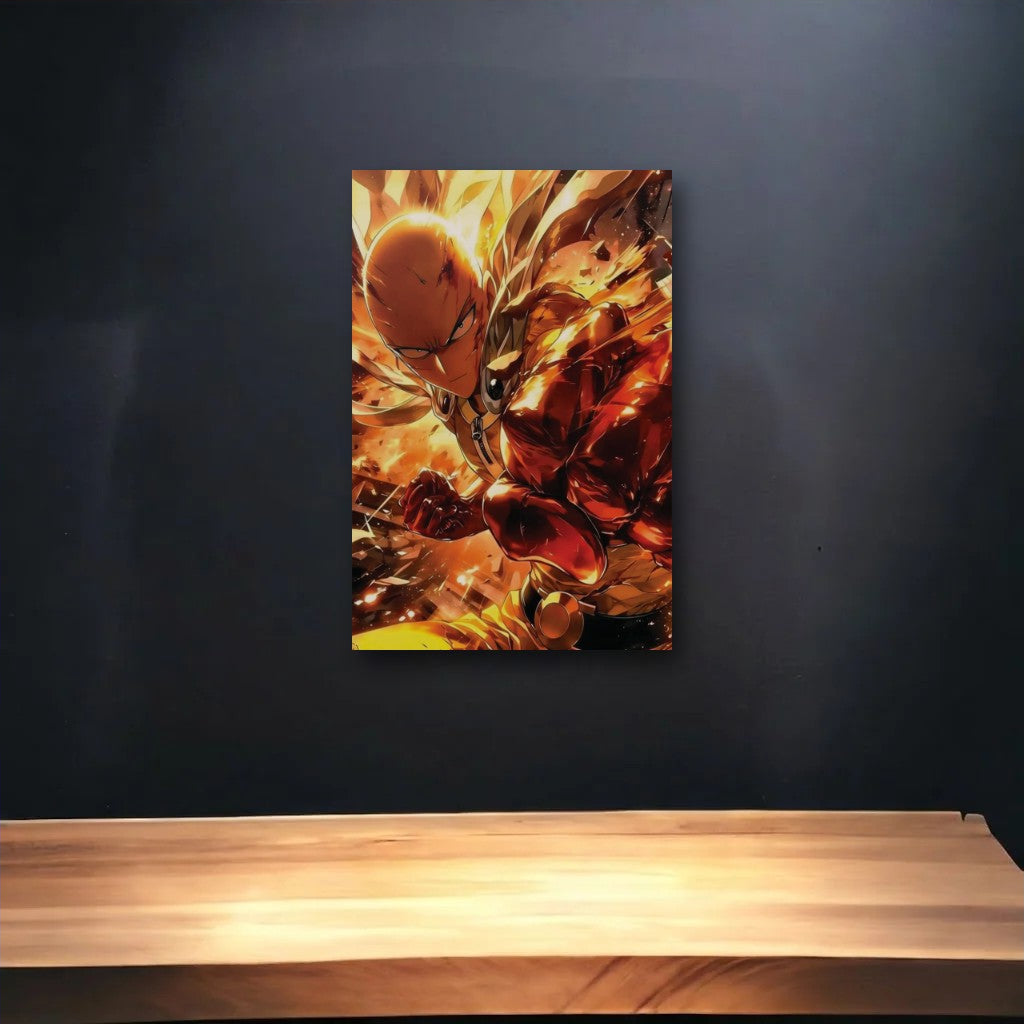 Anime Art glossy acrylic art above a wooden shelf