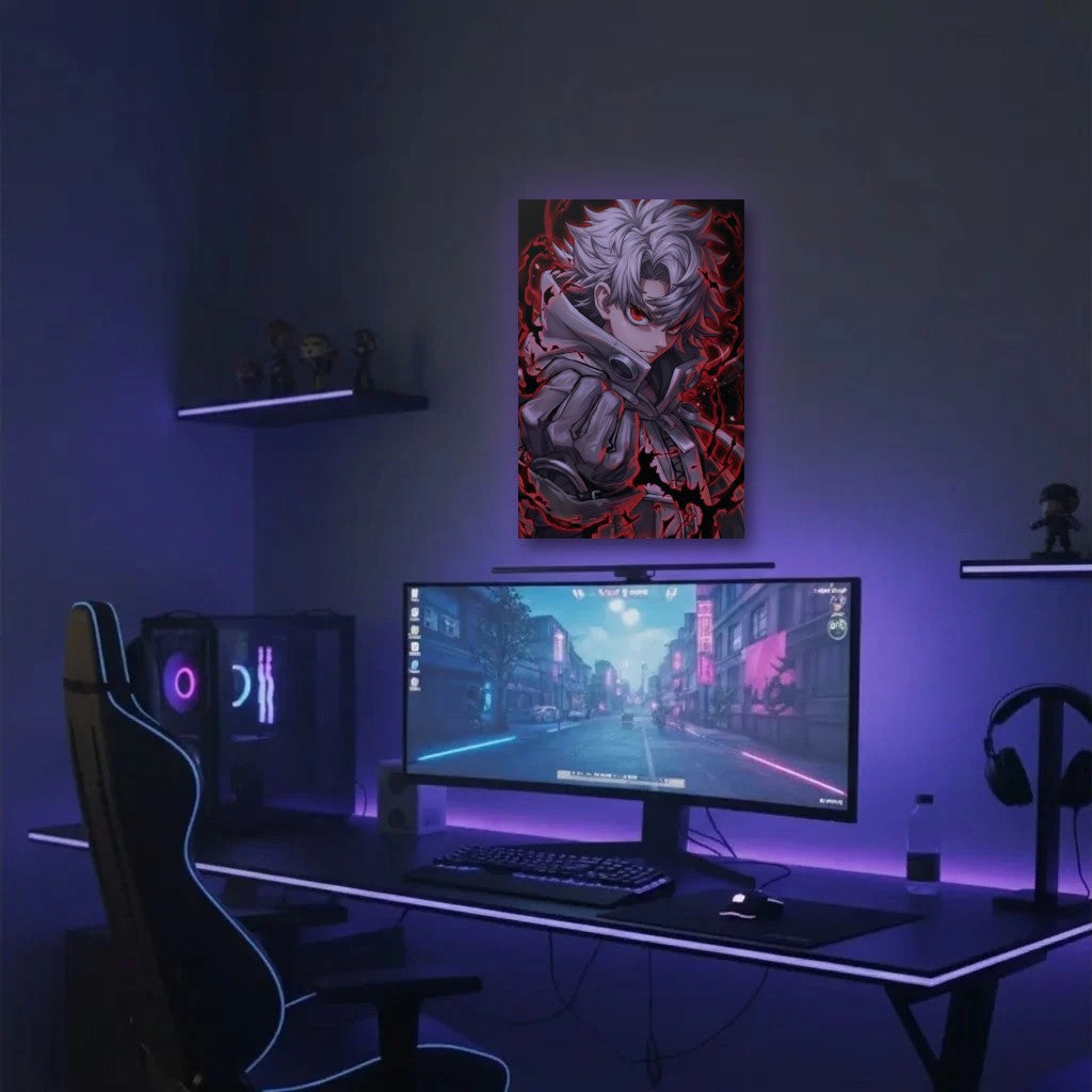 Anime Art acrylic wall art in a purple gaming setup