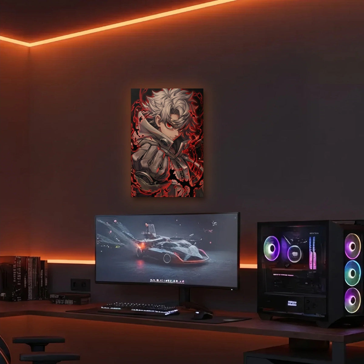 Anime Art acrylic wall art in an orange LED gaming room