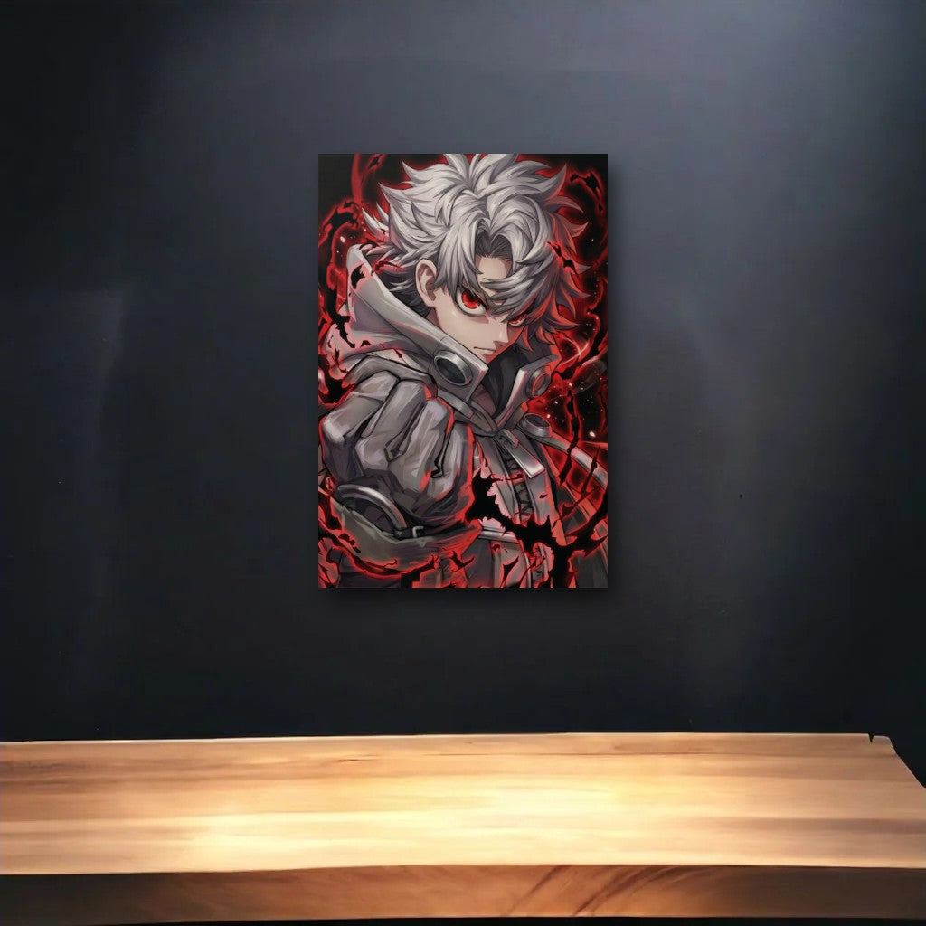 Anime Art glossy acrylic art above a wooden shelf