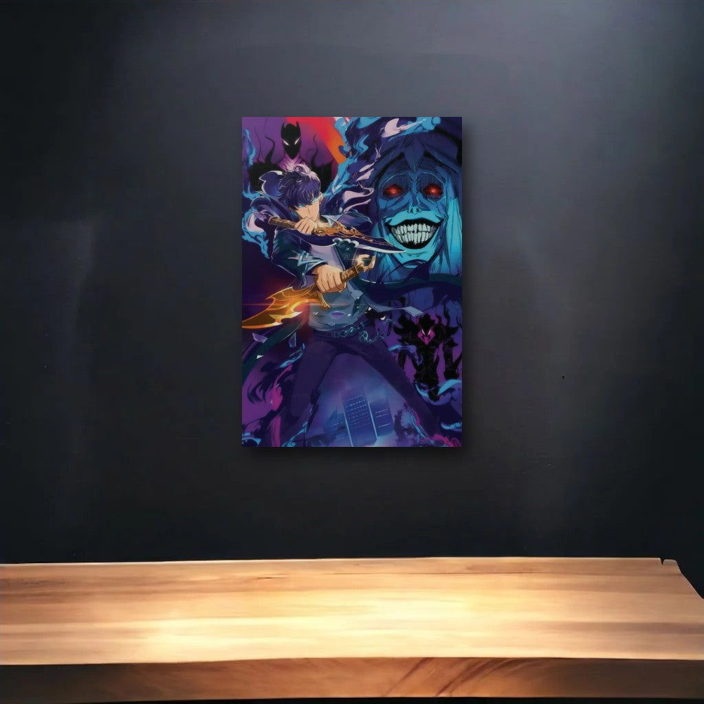 Anime Art glossy acrylic art above a wooden shelf