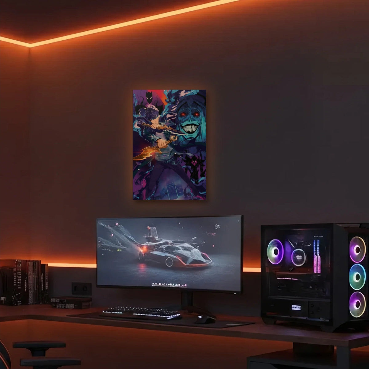 Anime Art acrylic wall art in an orange LED gaming room