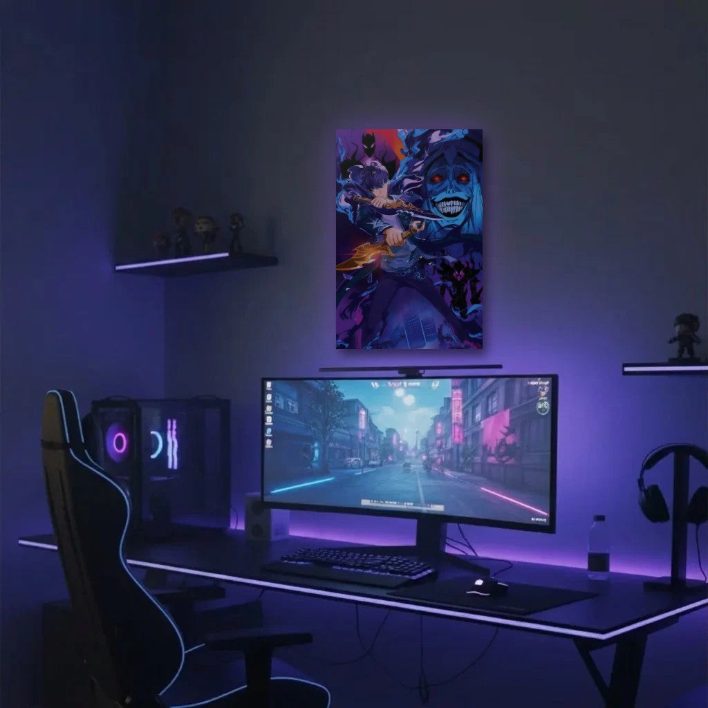 Anime Art acrylic wall art in a purple gaming setup