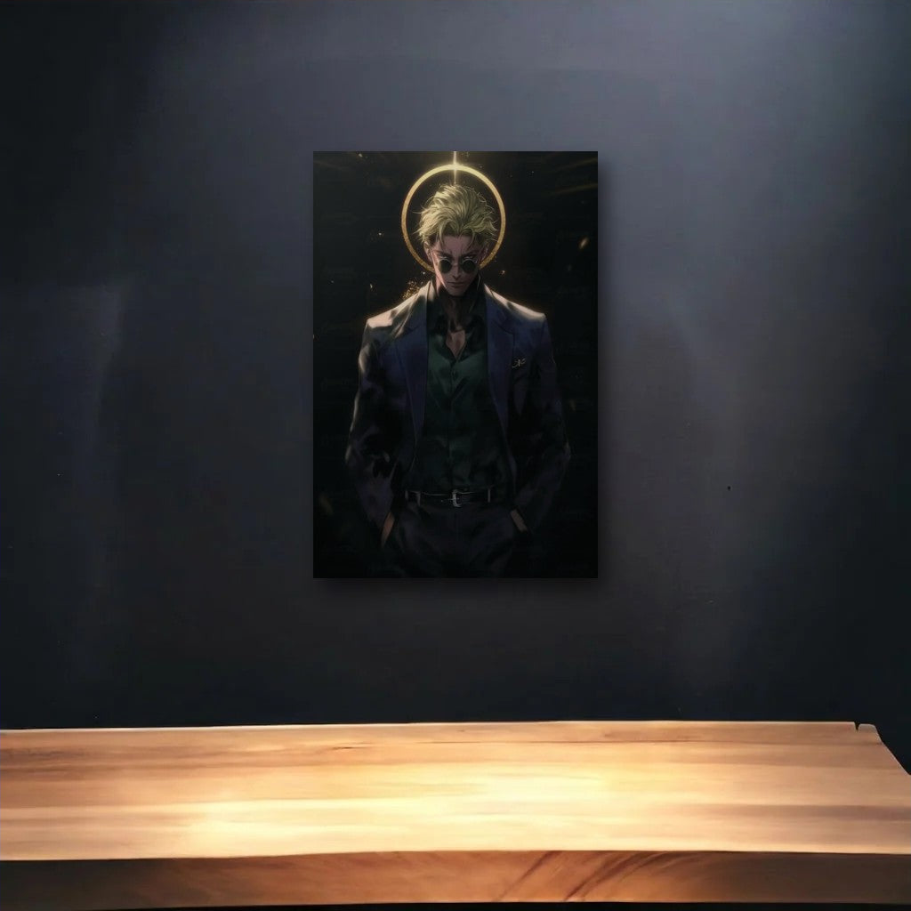 Anime Art glossy acrylic art above a wooden shelf