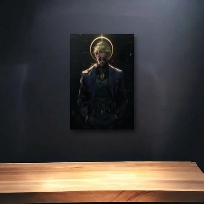 Anime Art glossy acrylic art above a wooden shelf