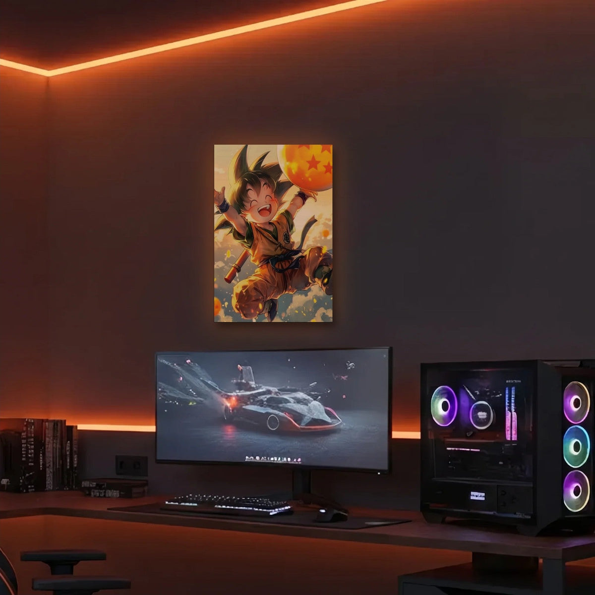 Anime Art acrylic wall art in an orange LED gaming room