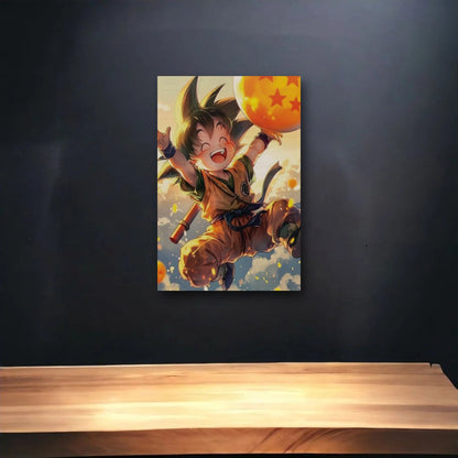 Anime Art glossy acrylic art above a wooden shelf