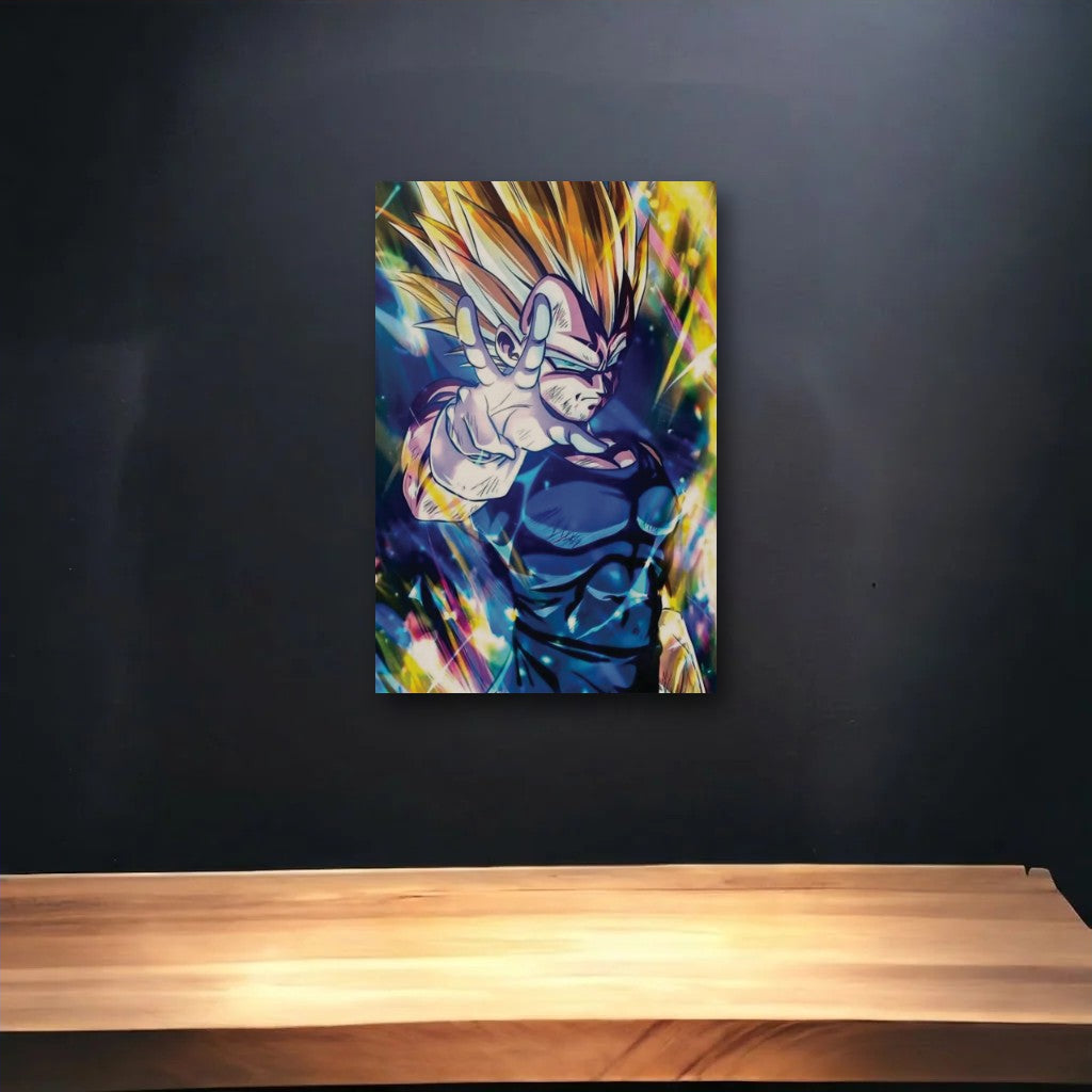 Anime Art glossy acrylic art above a wooden shelf