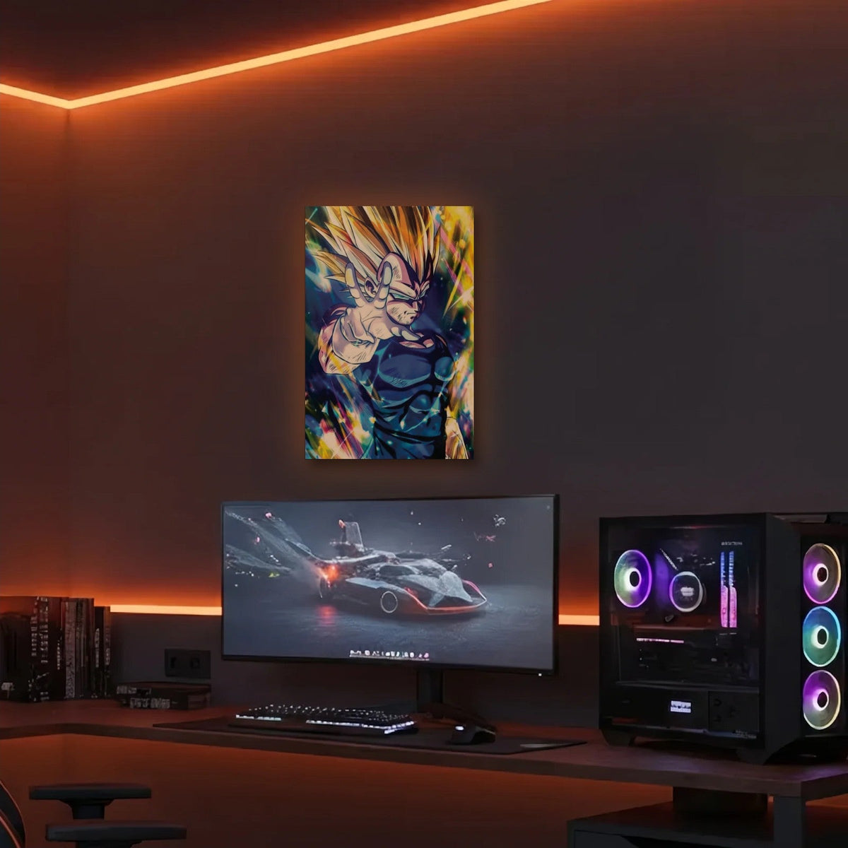 Anime Art acrylic wall art in an orange LED gaming room