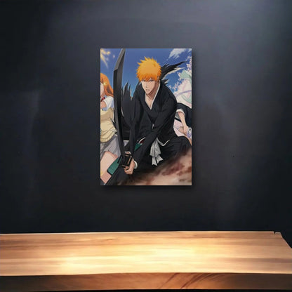 Anime Art glossy acrylic art above a wooden shelf