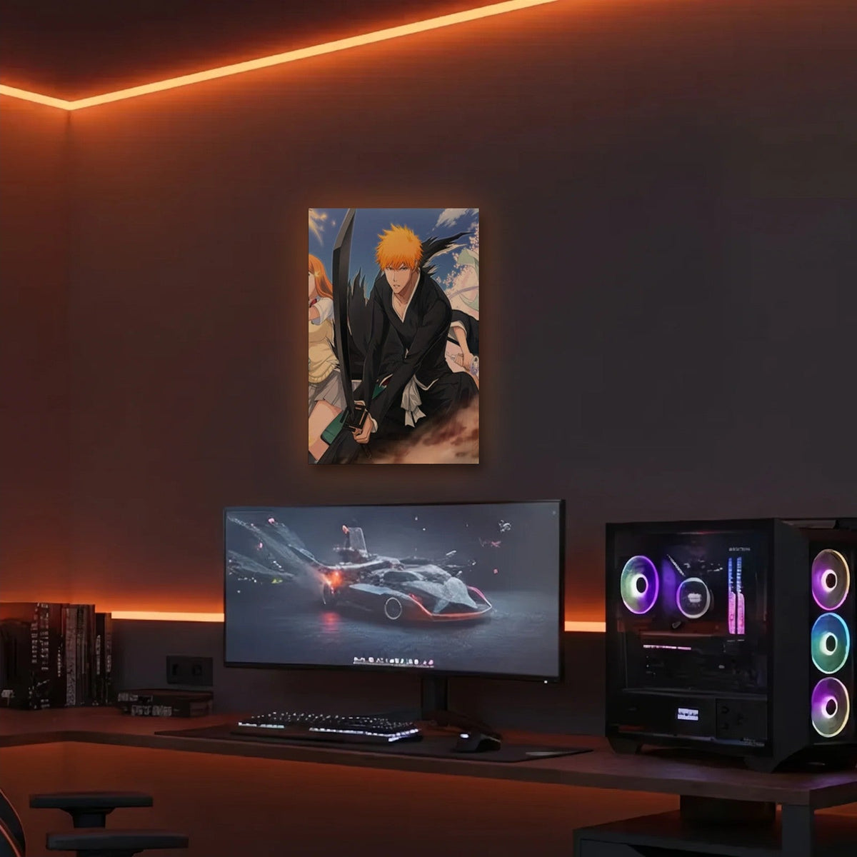 Anime Art acrylic wall art in an orange LED gaming room