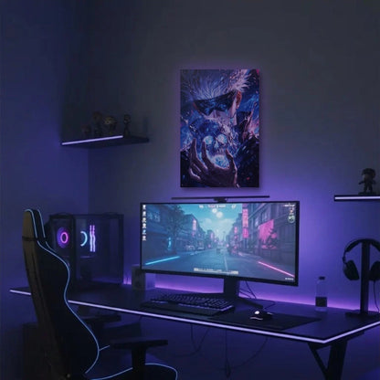 Anime Art acrylic wall art in a purple gaming setup