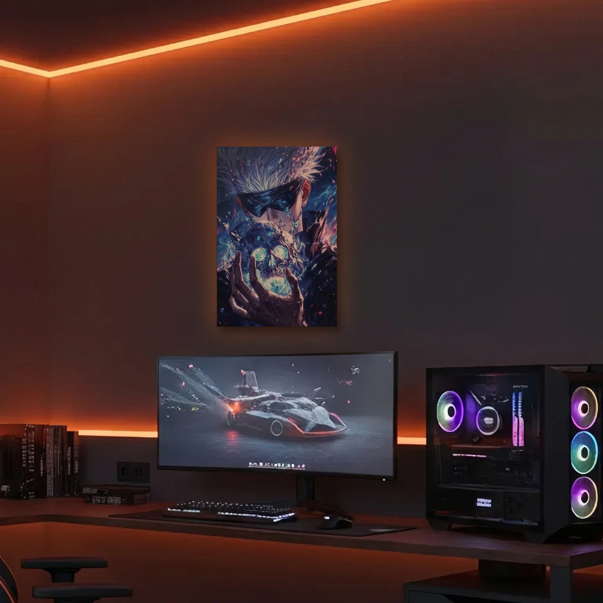 Anime Art acrylic wall art in an orange LED gaming room