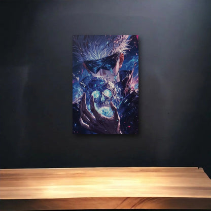 Anime Art glossy acrylic art above a wooden shelf