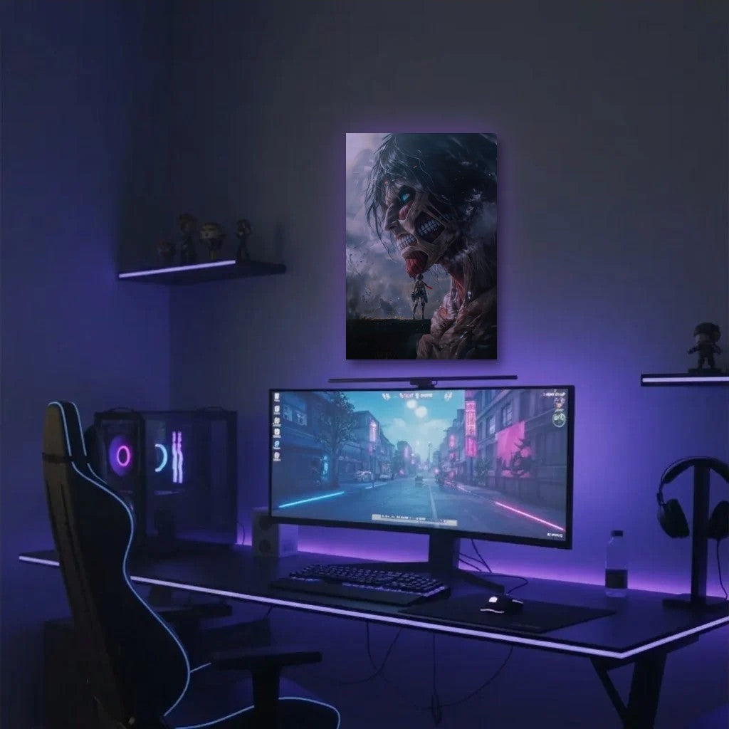 Anime Art acrylic wall art in a purple gaming setup