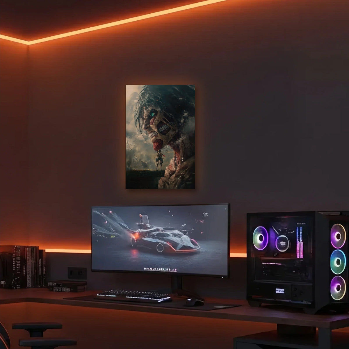Anime Art acrylic wall art in an orange LED gaming room