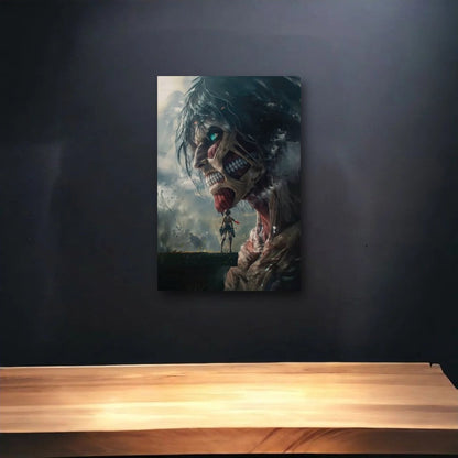 Anime Art glossy acrylic art above a wooden shelf
