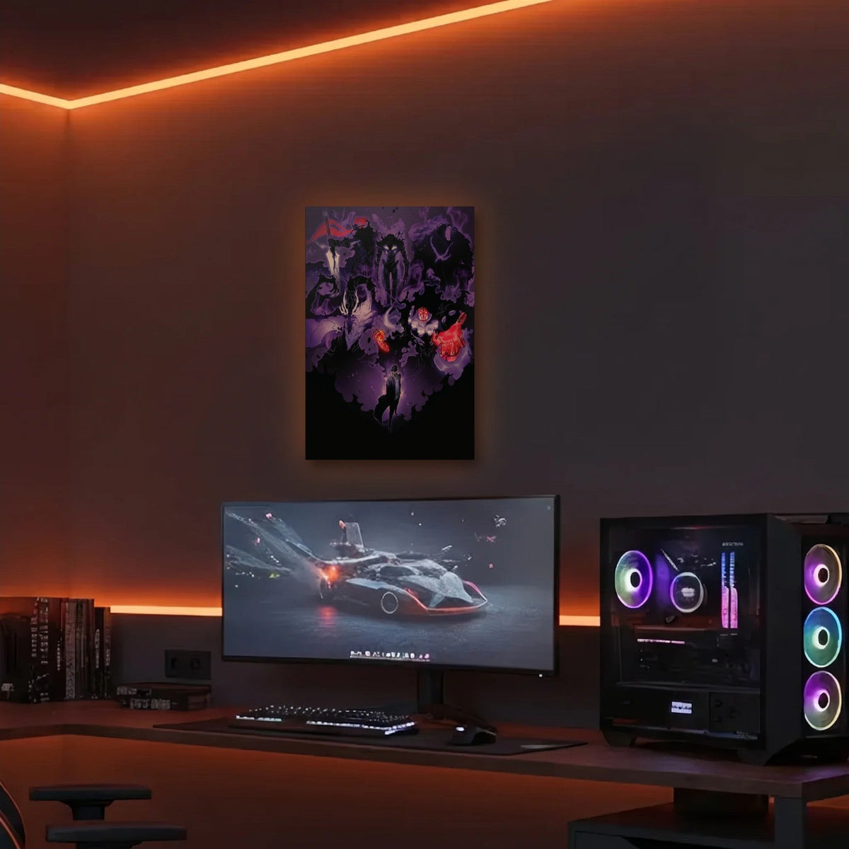 Anime Art acrylic wall art in an orange LED gaming room