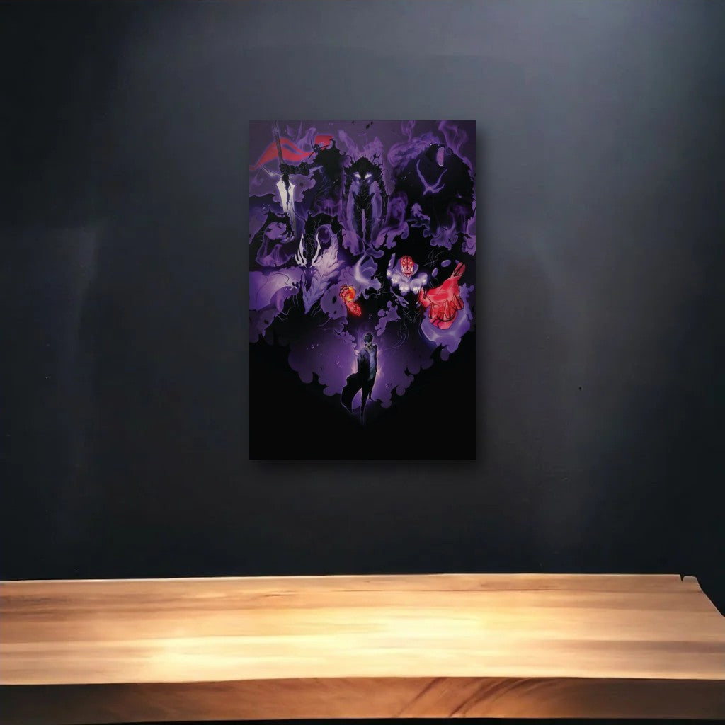 Anime Art glossy acrylic art above a wooden shelf