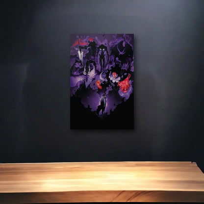 Anime Art glossy acrylic art above a wooden shelf