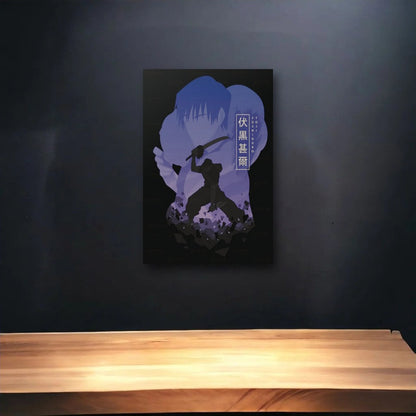 Anime Art glossy acrylic art above a wooden shelf
