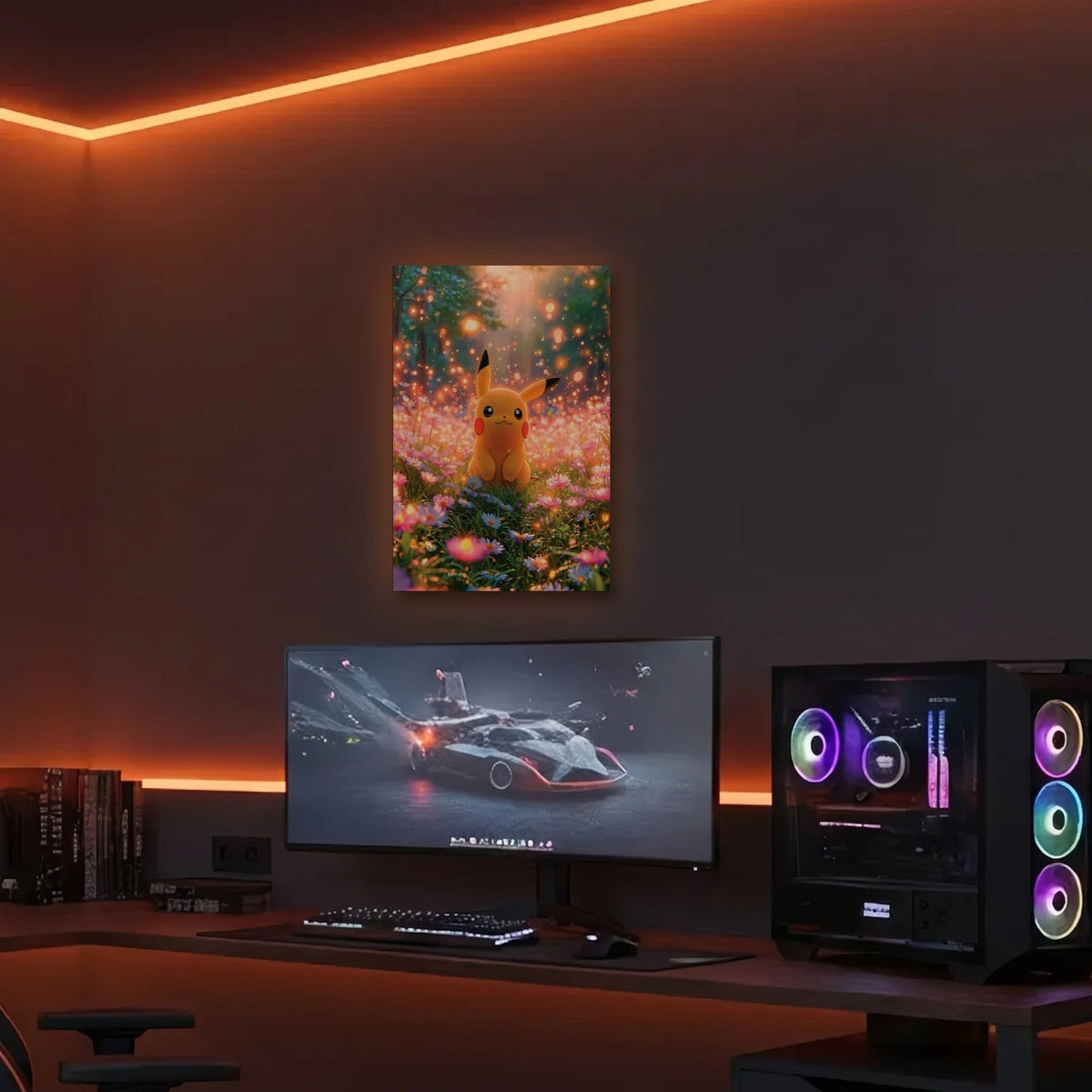 Anime Art acrylic wall art in an orange LED gaming room