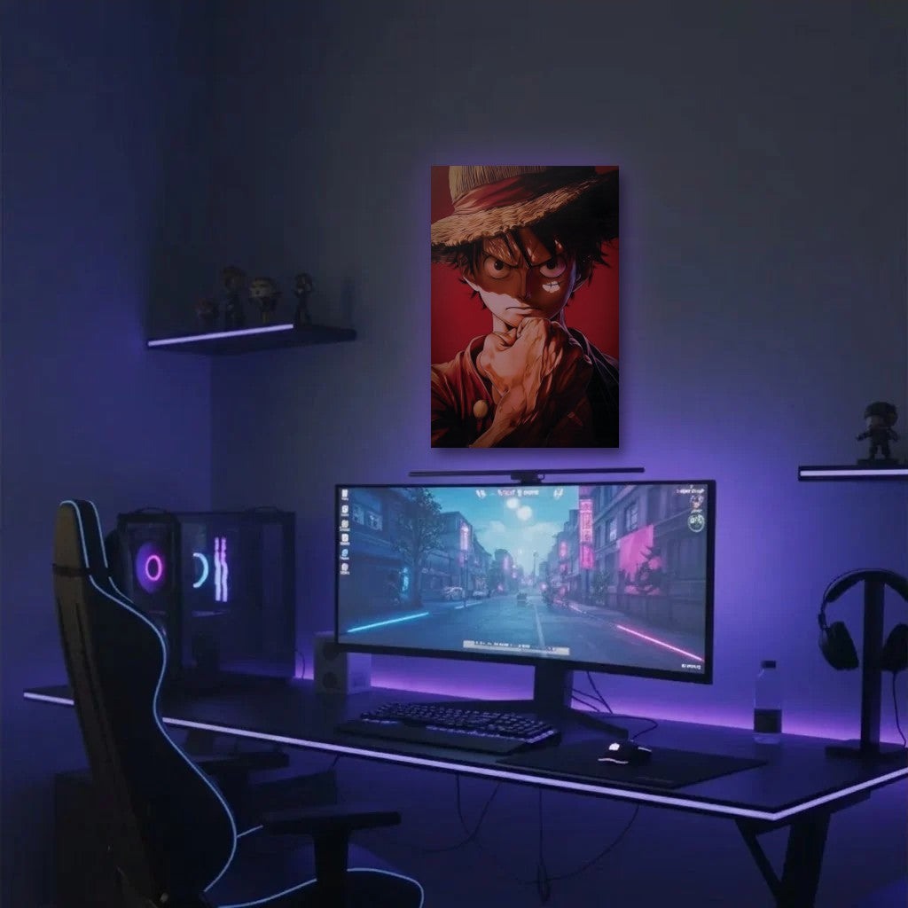 Anime Art acrylic wall art in a purple gaming setup