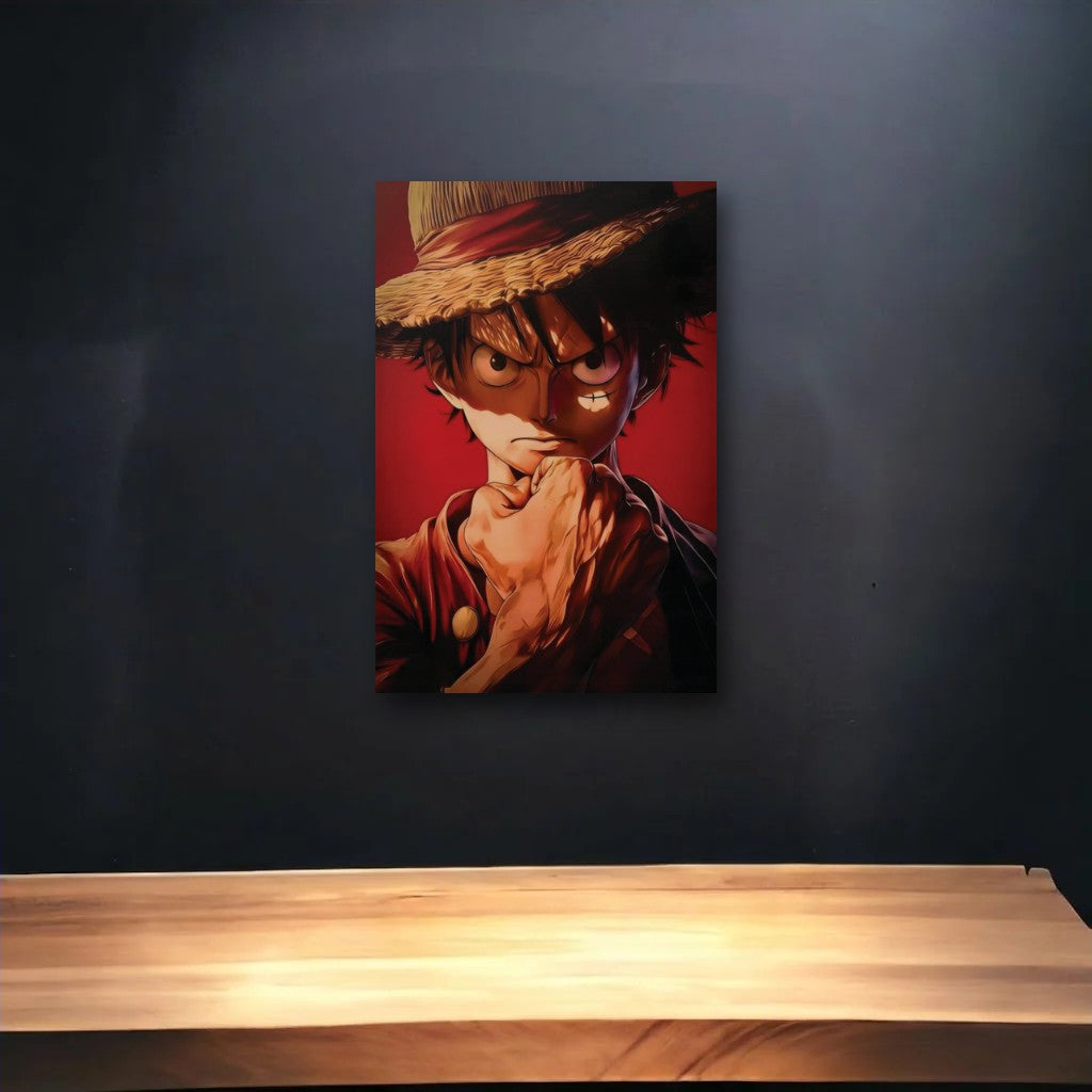Anime Art glossy acrylic art above a wooden shelf
